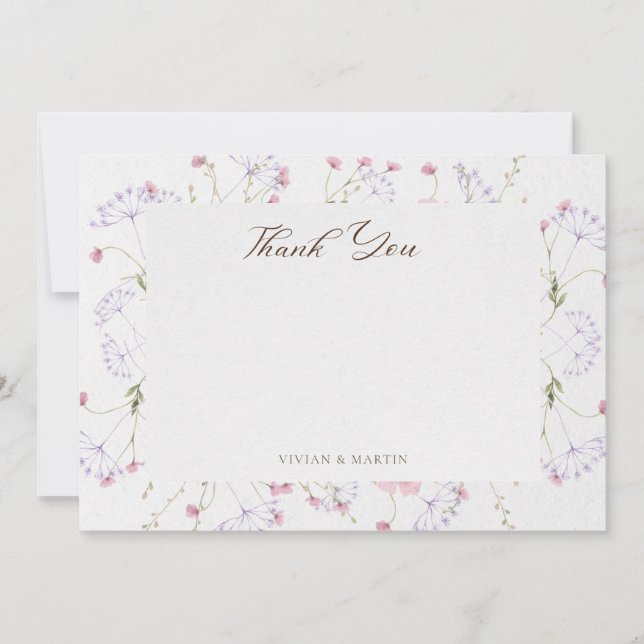 Cartão De Agradecimento Delicar Watercolor Flores Selvagens Caligrafia (Frente)