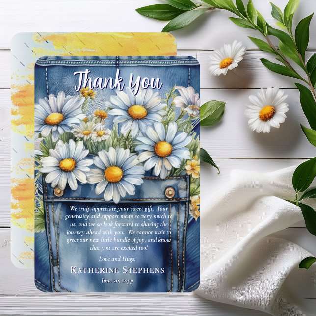 Cartão De Agradecimento Denim Blue Jean | Daisies Floral Chá de fraldas (Blue Jean Denim and Daisies Baby Shower Thank You Card)