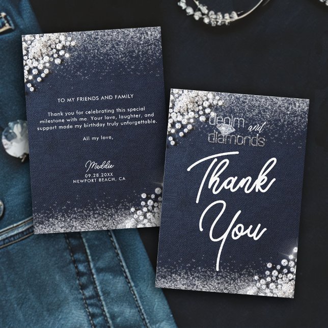 Cartão De Agradecimento Denim Diamonds Bling Classy Elegant Birthday Party (denim and diamonds thank you card birthday party glam bling elegant stylish tasteful chic custom)
