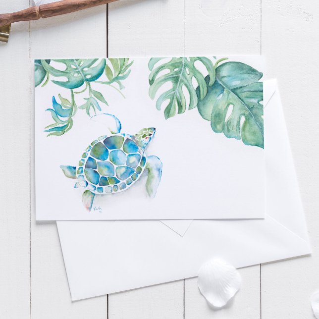 Cartão De Agradecimento Dentro de Tartaruga do Mar Tropical (Thank you cards feature watercolor sea turtle and tropical palm leaf art by Victoria Grigaliunas)