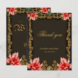 Cartão De Agradecimento Desenho floral dourado e vermelho real