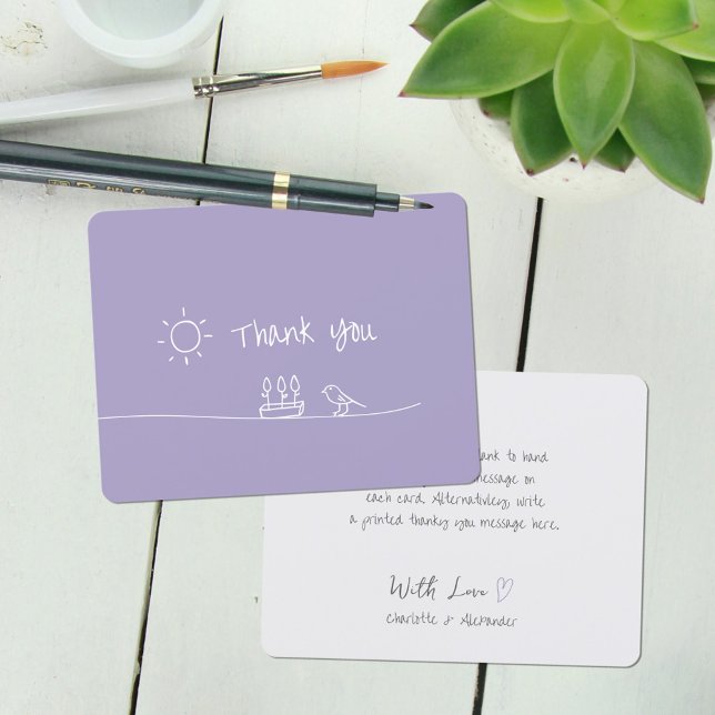 Cartão De Agradecimento Desenho Minimalista de Flores Pássaro Sol Lavanda (Lavender Minimalist Flowers Bird Sun Drawing Thank You Card ©Susanne Sachers - Sunny Mind 🌞)