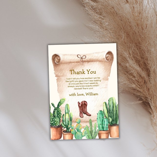 Cartão De Agradecimento Deserto Neutro Cactus Cowboy Boots Chá de fraldas (Neutral Desert Cactus Cowboy Boots Baby Shower Thank You Card)