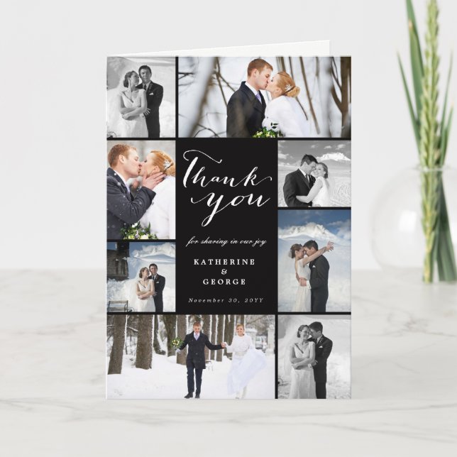 Cartão De Agradecimento Design de Colagem de Casamento de Foto do Script M (Frente)