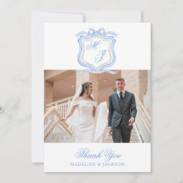Cartão De Agradecimento Designer de Aquarela Foto Monograma Azul