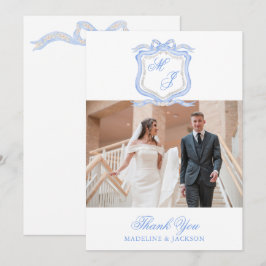 Cartão De Agradecimento Designer de Aquarela Foto Monograma Azul