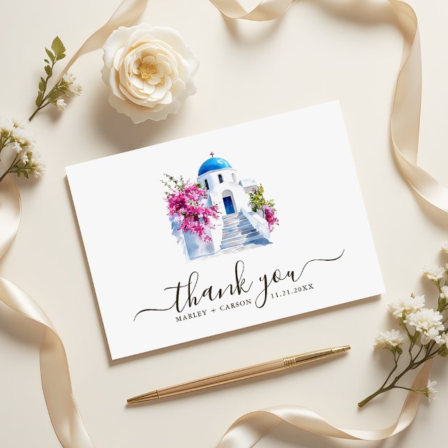 Cartão De Agradecimento Destination Wedding Modern Bougainvillea Blue Dome (Criador carregado)