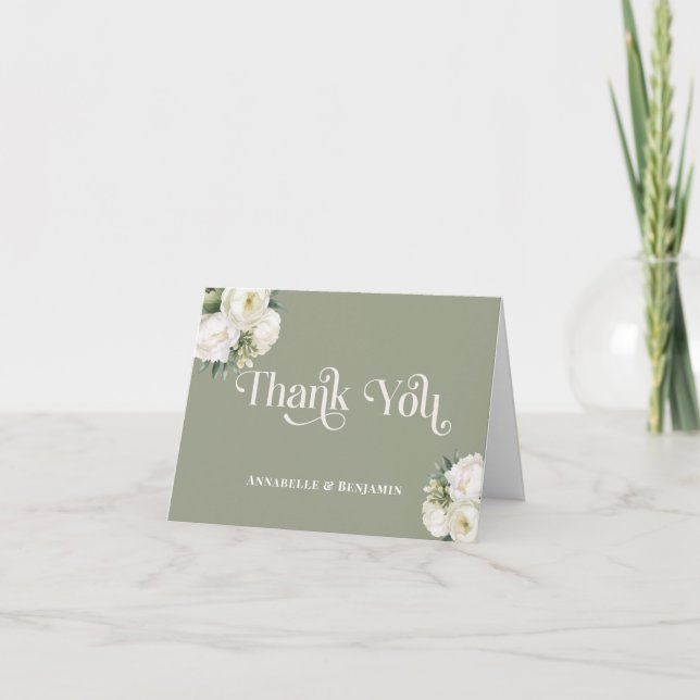 Cartão De Agradecimento Detalhes do Casamento Floral Branco e Verde Sage (Frente)