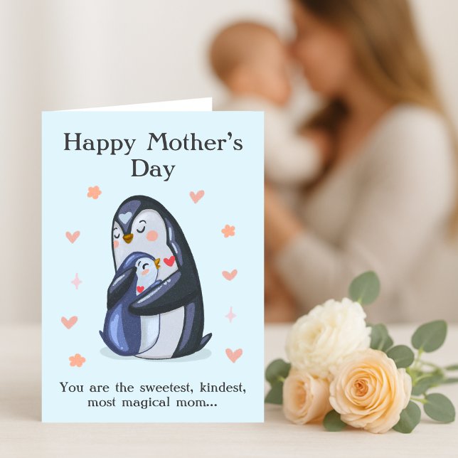 Cartão De Agradecimento Dia das Mães Bonitas Adoráveis Mãe e Pinguim Bebê (Criador carregado)