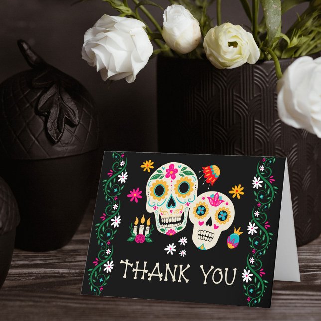 Cartão De Agradecimento Dia dos Mortos Açúcar Floral Caveiras (Day of the Dead thank you card with sugar skulls from my Dia de los Muertos collection)