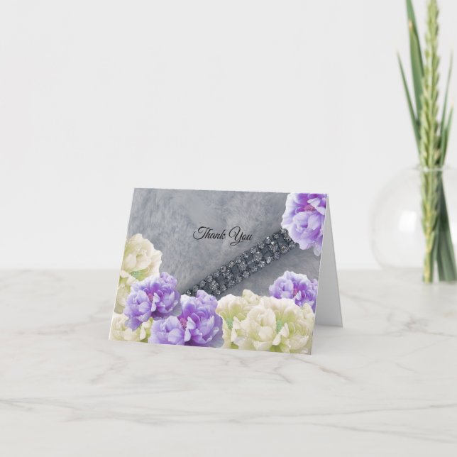 Cartão De Agradecimento Diamantes entre as peônias Obrigado (Frente)