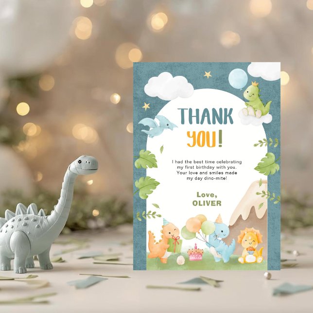 Cartão De Agradecimento Dinosaur 1st Birthday Blue (Criador carregado)