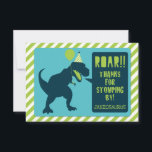 Cartão De Agradecimento Dinosaur Birthday Thank You Card<br><div class="desc">Let everyone know how much you appreciate them stomping by! Easily edit the name on the front and the personal message on the back!</div>