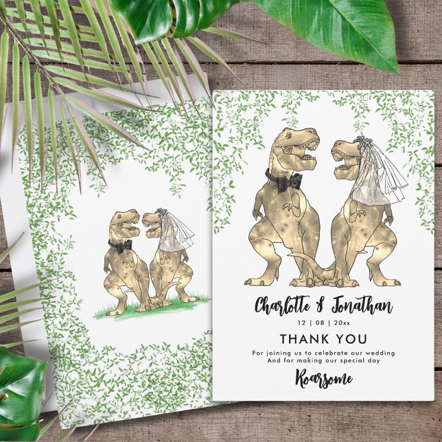 Cartão De Agradecimento Dinossauro Noiva e Casamento de Noite Obrigado (Dinosaur themed wedding thank you card with funny T-Rex  bride and groom and Jurassic jungle foliage)