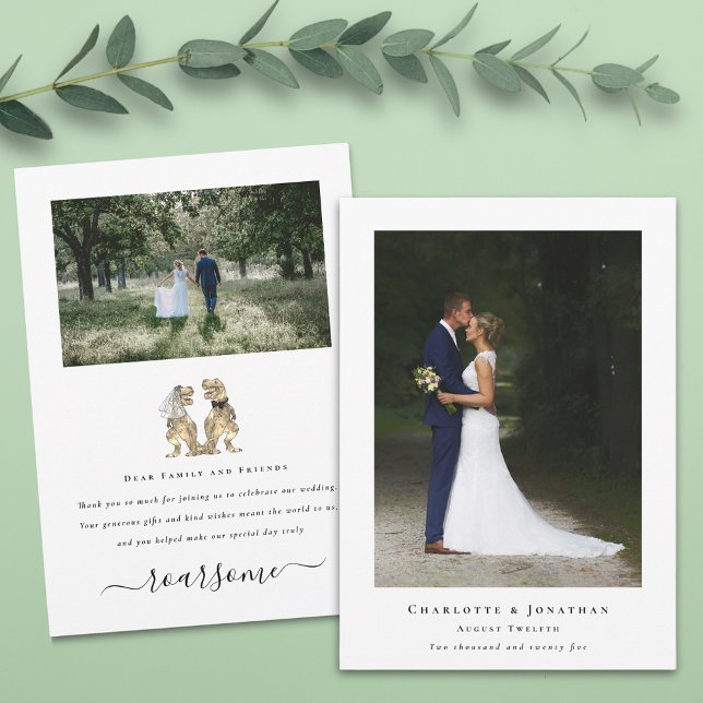 Cartão De Agradecimento Dinossauro Noiva e Foto de Casamento de Groom Obri (Dinosaur wedding photo thank you card 2 photograph Funny T-Rex bride and groom elegant modern script)