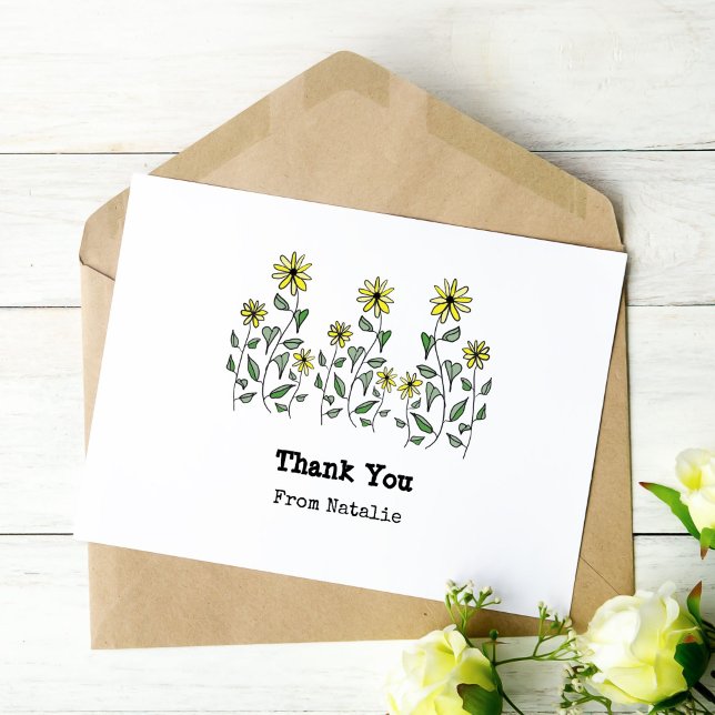 Cartão De Agradecimento Disies Retroativos Personalizados (Hand-illustrated yellow wildflowers make it fun to catch up on your thank you notes!)