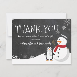 Cartão de agradecimento do boneco de neve pinguim
