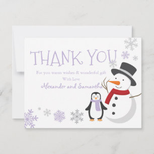 Cartão de agradecimento do boneco de neve pinguim