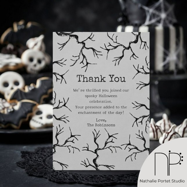 Cartão de Agradecimento do Dia das Bruxas da Árvor (hand-drawn fine-line spooky old oak tree halloween thank you greeting card)
