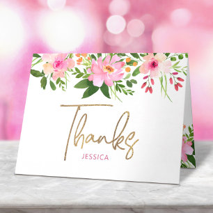 Cartão De Agradecimento Doce 16 Rosado Flora Aquarela Letra Dourada