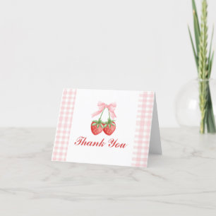 Cartão De Agradecimento Doce de Morango aniversário Laço Rosa Xadrez