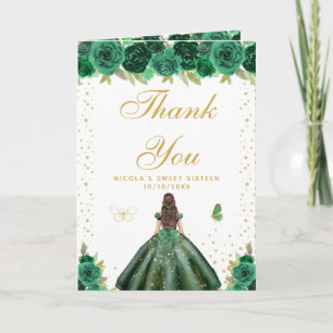 Cartão De Agradecimento Doce Dezesseis Cabelo Escuro Floral Verde