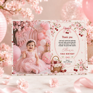 Cartão De Agradecimento Doce festa de 1º aniversário da menina Flor de Cer