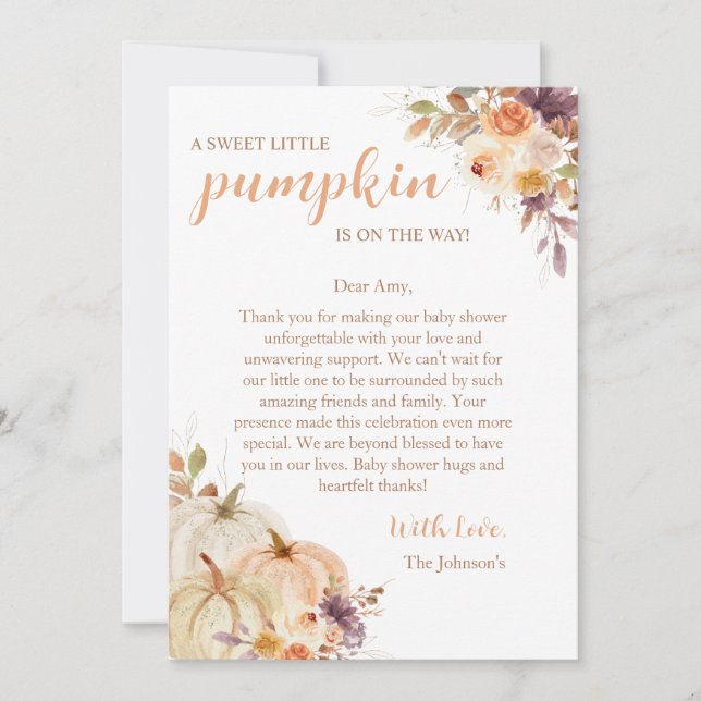Cartão De Agradecimento Doce Pequeno Chá de fraldas de outono de Abóbora (Frente)