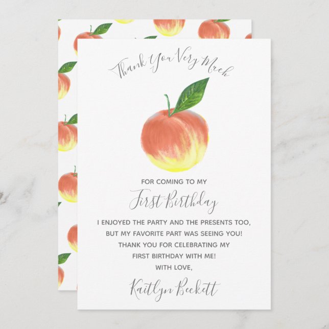 Cartão De Agradecimento Doce Pequeno primeiro aniversario de Pêssego (Frente/Verso)