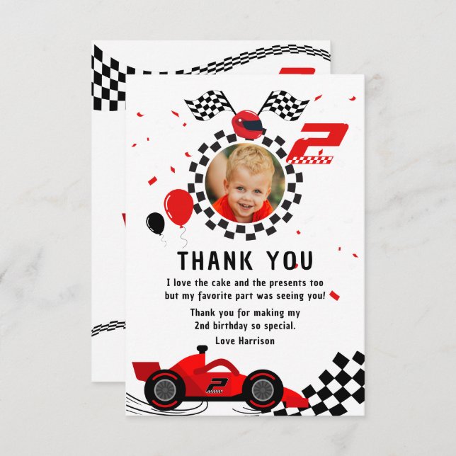 Cartão De Agradecimento Dois Crianças de 2º Aniversário Rápido Carro de Co (Frente/Verso)