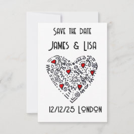 Cartão De Agradecimento Doodle Heart Save the Date - Preto, Branco persona
