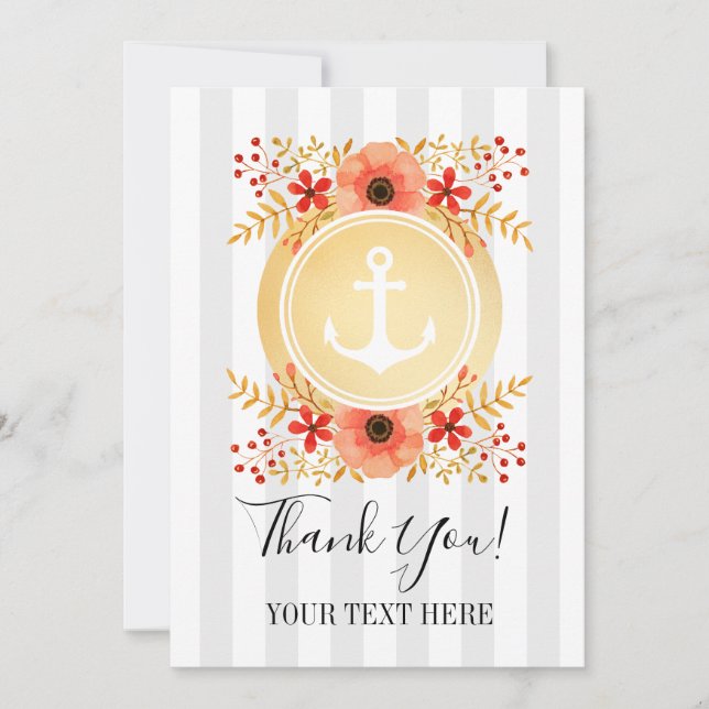Cartão De Agradecimento Dourada Anchor Aquarela Náutica Floral Obrigado (Frente)