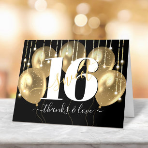 Cartão De Agradecimento Dourada Black Girly Luxury Doce 16 Balões de Anive