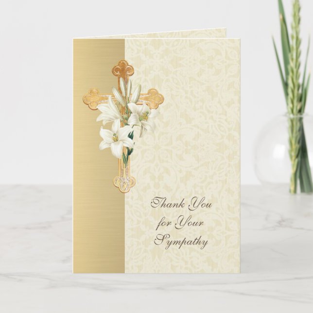 Cartão De Agradecimento Dourada Cruz Lily Condolência Cristã Obrigado (Frente)