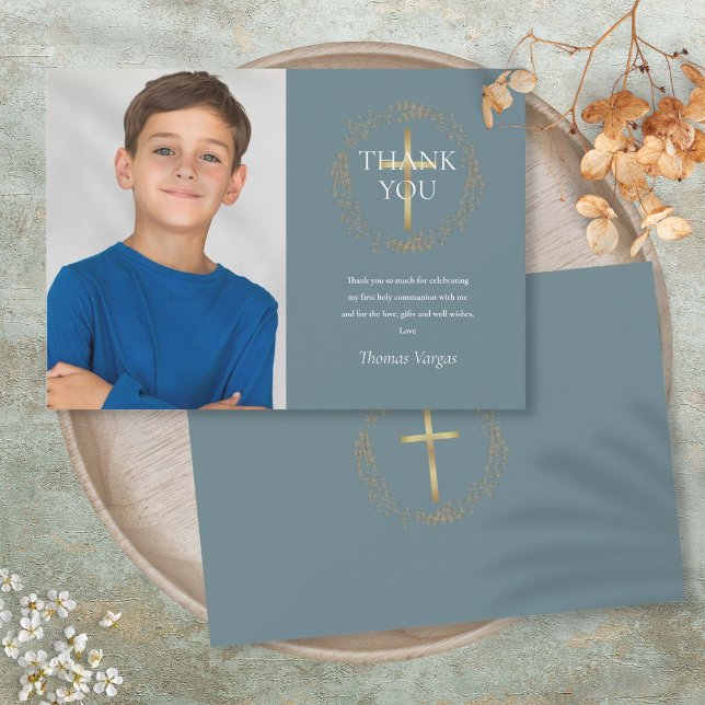Cartão De Agradecimento Dourada Floral Garland Foto da Primeira Comunhão (Gold Floral Garland First Holy Communion Photo Thank You Card)
