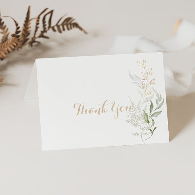 Cartão De Agradecimento Dourada Folhagem Verde Caligrafia Dobrada Casament (Criador carregado)