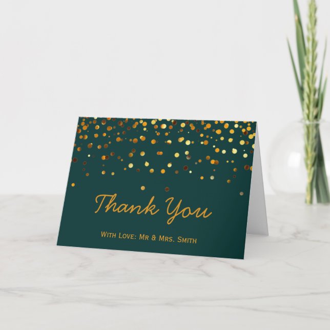 Cartão De Agradecimento Dourada Glitter Confetti Espalha Verde Obrigado (Frente)