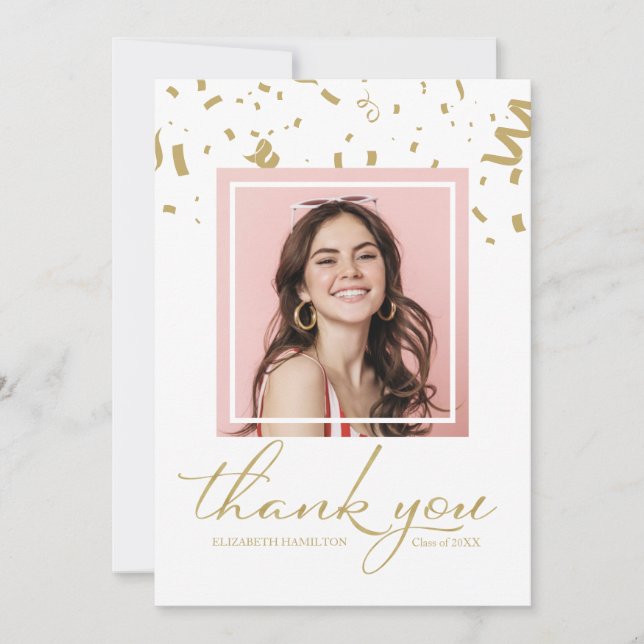 Cartão De Agradecimento Dourada Graduação Confetti Foto de Obrigado (Frente)