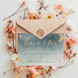 Cartão De Agradecimento Dourada Lua estrelas obrigado azul chá de fraldas