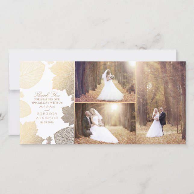 Cartão De Agradecimento Dourada queda deixa foto de casamento branco, obri (Frente)