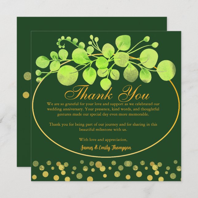 Cartão De Agradecimento Dourada Verde Escuro Frota Eucalipto Botânica (Frente/Verso)