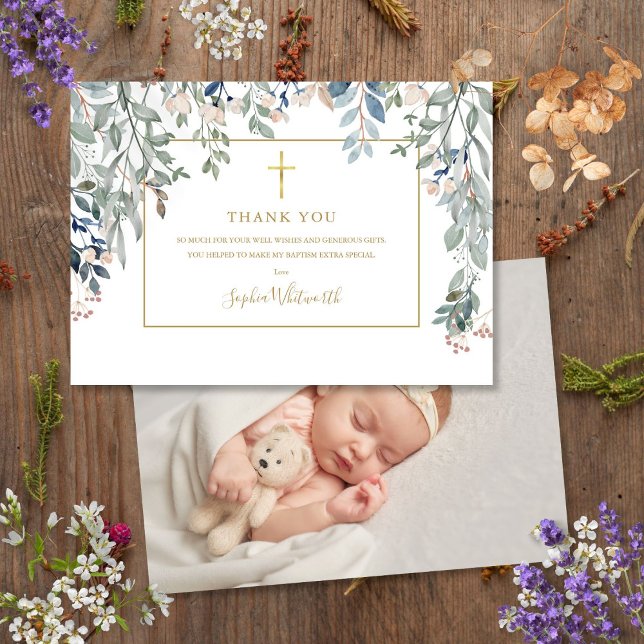 Cartão De Agradecimento Dourado batismo Christening Photo Foliage Dourado (Gold Baptism Christening Photo Foliage Gold Thank You Card)