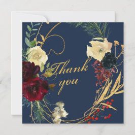 Cartão De Agradecimento Dourado Blue Burgundy Watercolor Floral Wreath Wed