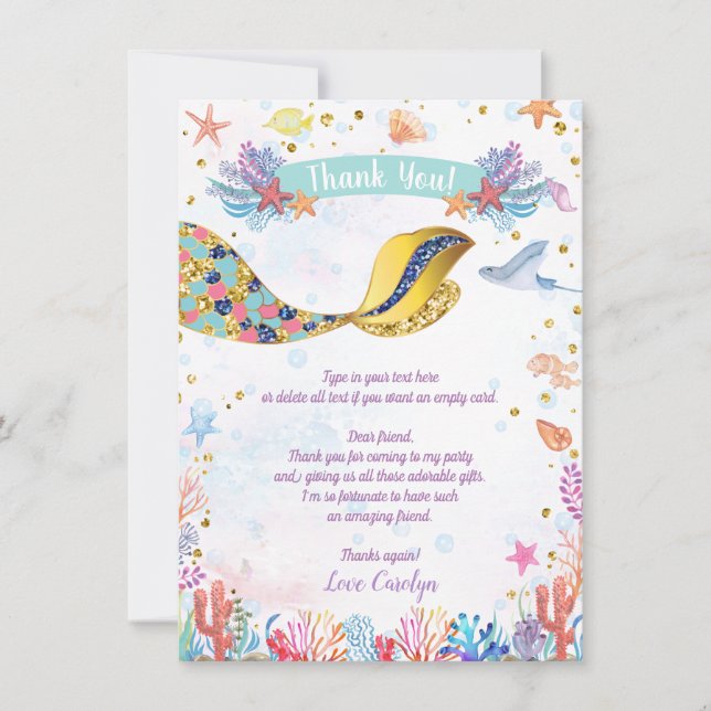 Cartão De Agradecimento Dourado brilho | Sereia Sob O Aniversário Do Mar (Frente)