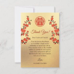 Cartão De Agradecimento Dourado Casamento Chinês Vermelho