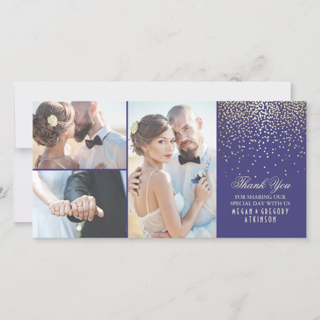 Cartão De Agradecimento Dourado Casamento do Marinho de Glamor Confetti Ob (Frente)