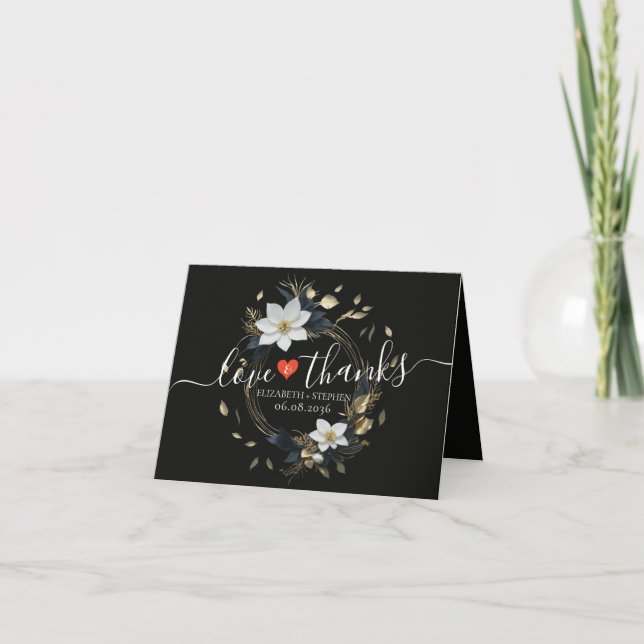Cartão De Agradecimento Dourado Casamento Floral Branco Negro, Obrigado (Frente)