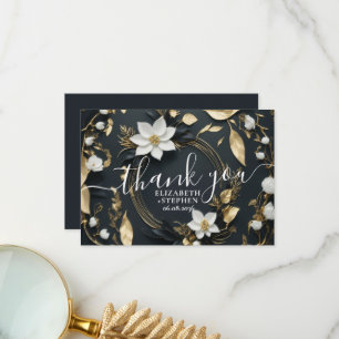 Cartão De Agradecimento Dourado Casamento Floral Branco Negro, Obrigado