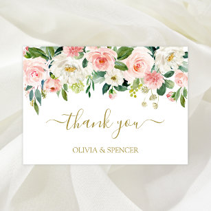 Cartão De Agradecimento Dourado Casamento Floral Elegante Blush Rosa Obrig