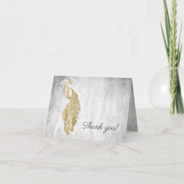 Cartão De Agradecimento Dourado Casamento Peacock Obrigado (Frente)